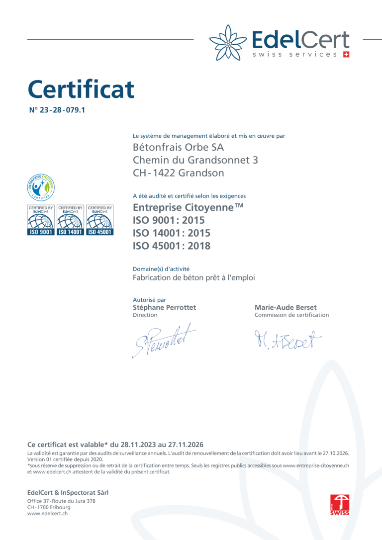 Certificat ISO Béton Frais Orbe