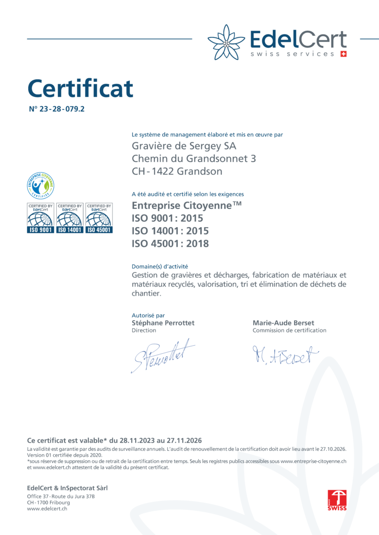 Certificat ISO Gravière de Sergey SA